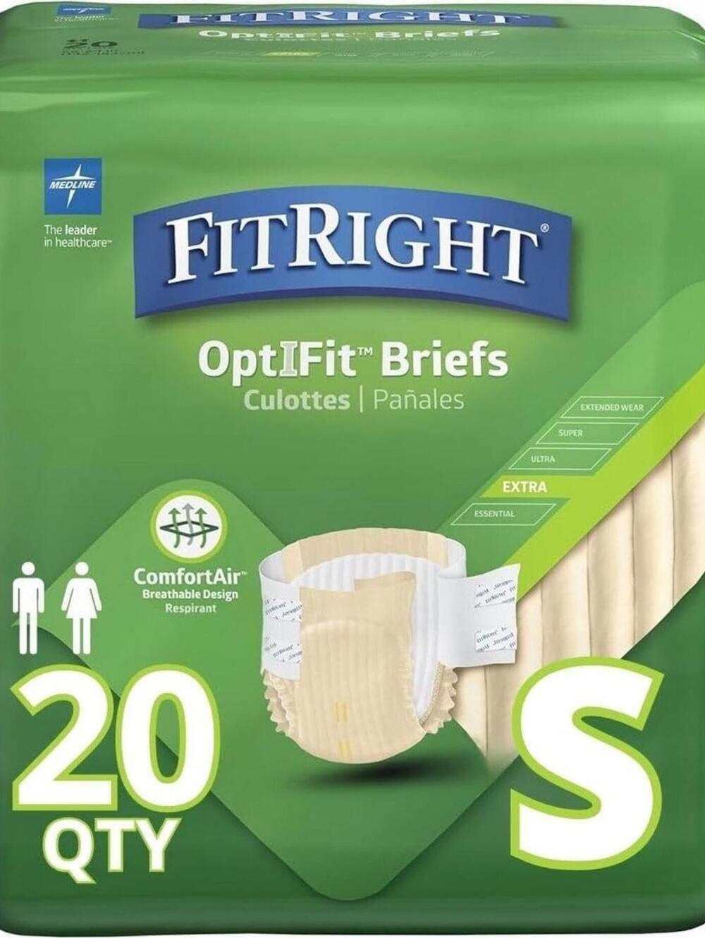Open Box- FitRight OptiFit Extra Adult Briefs w/ Tabs, Small, 19 CT